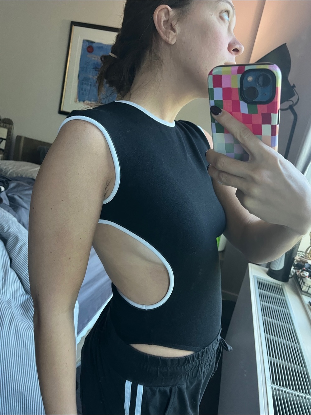 Black Sleeveless Cutout Bodysuit with White Trim - Women